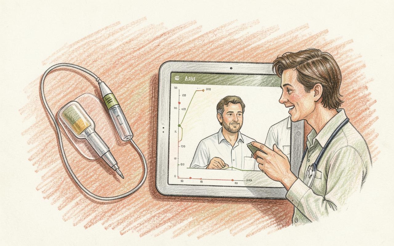 Pencil-sketch illustration of a diabetes sensor and a clinician reviewing a patient health timeline on a tablet.