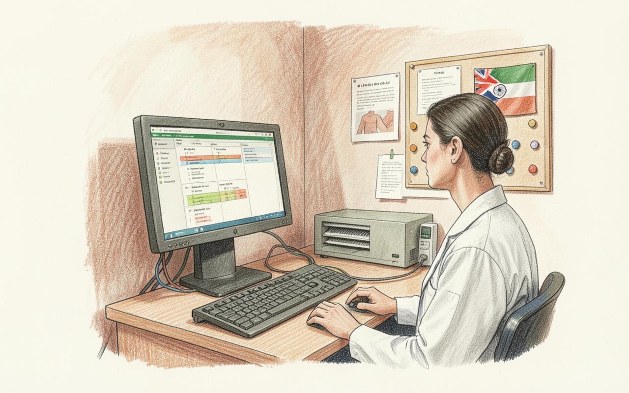 Pencil-sketch illustration of a clinician at a hospital workstation with on-premise equipment and a UK–India pinboard.