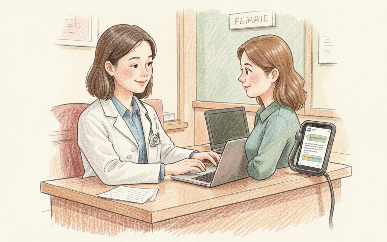 Pencil-sketch illustration of a clinic desk encounter with a laptop, a one-page summary, and a phone chat.