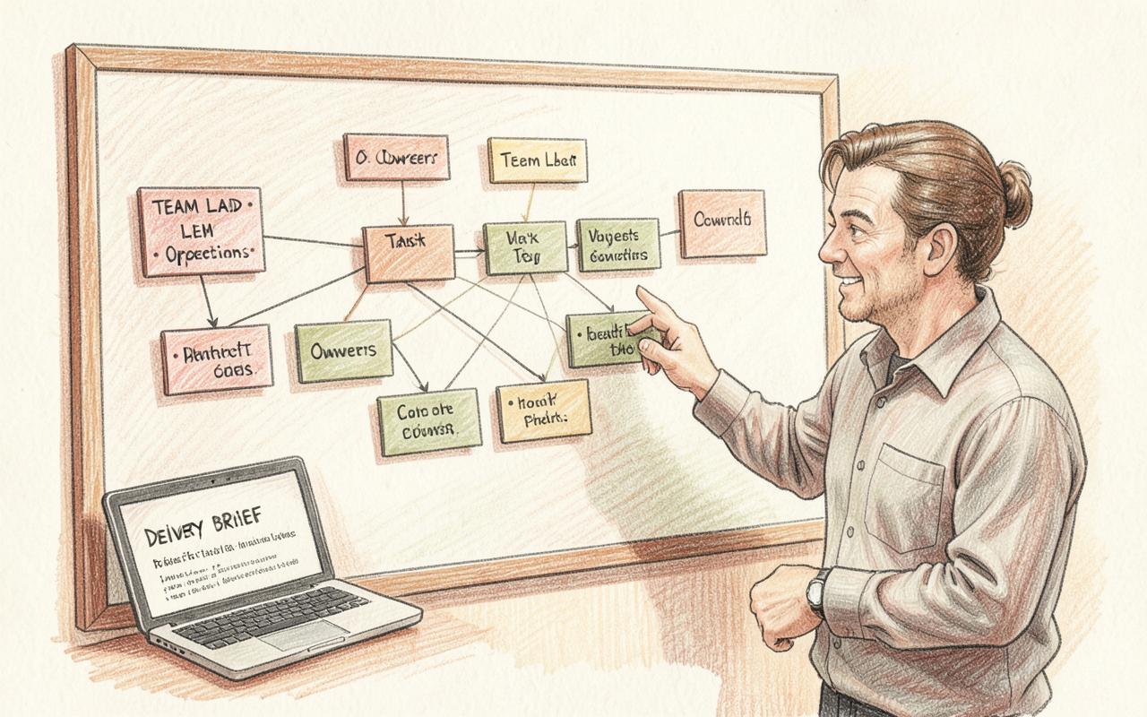 Pencil-sketch illustration of a delivery board mapping connected task cards, with a lead pointing and a delivery brief on a laptop.