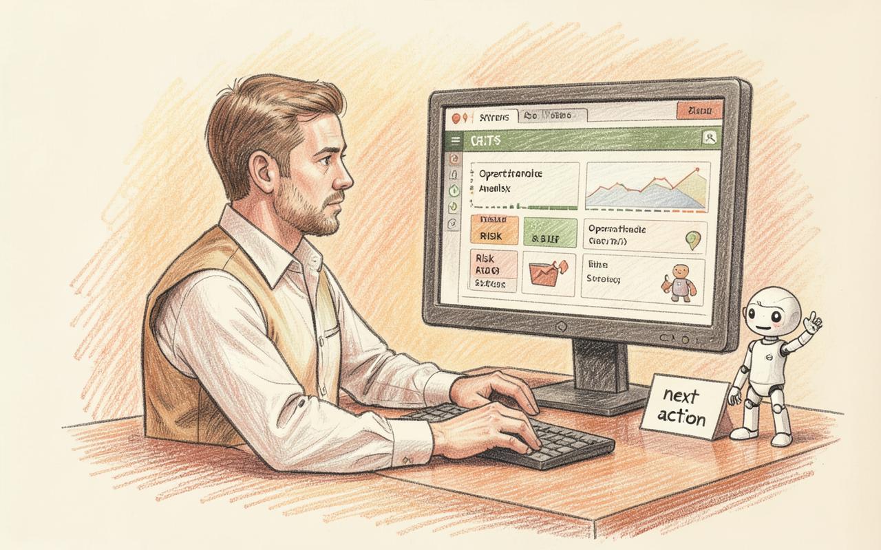 Pencil-sketch illustration of an operations analyst at a status-and-risk dashboard with a small AI assistant figure.