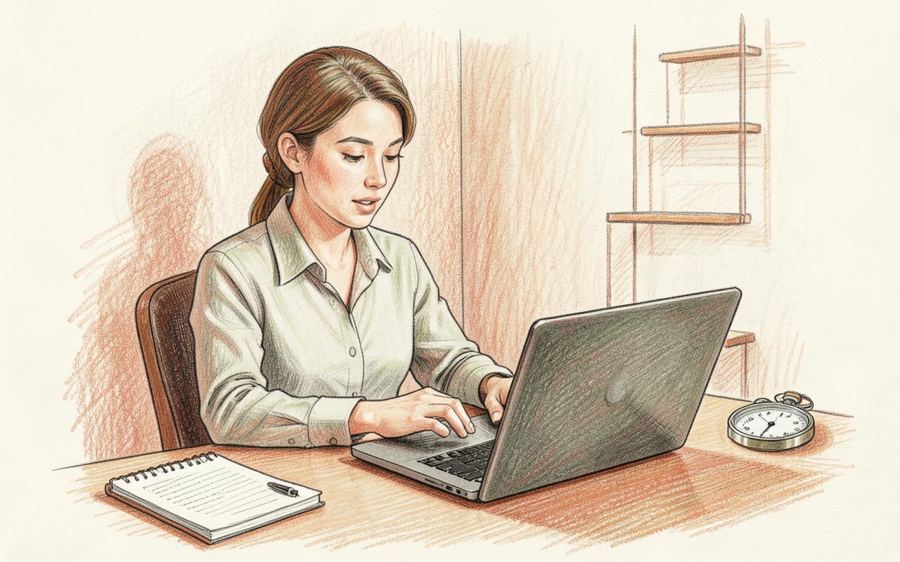 Pencil-sketch illustration of a learner running a timed career simulation on a laptop, with a career ladder on the wall.