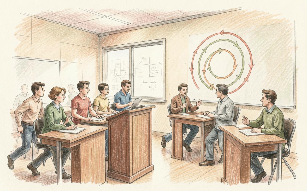 Pencil-sketch illustration of a simulation classroom with students, a facilitator, and a practice-loop diagram.
