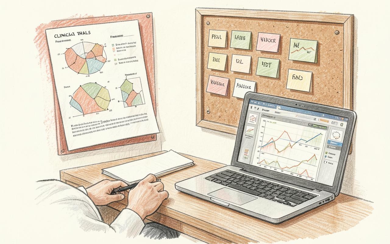 Pencil-sketch illustration of a research desk with feasibility charts, a corkboard of method cards, and a laptop workspace.