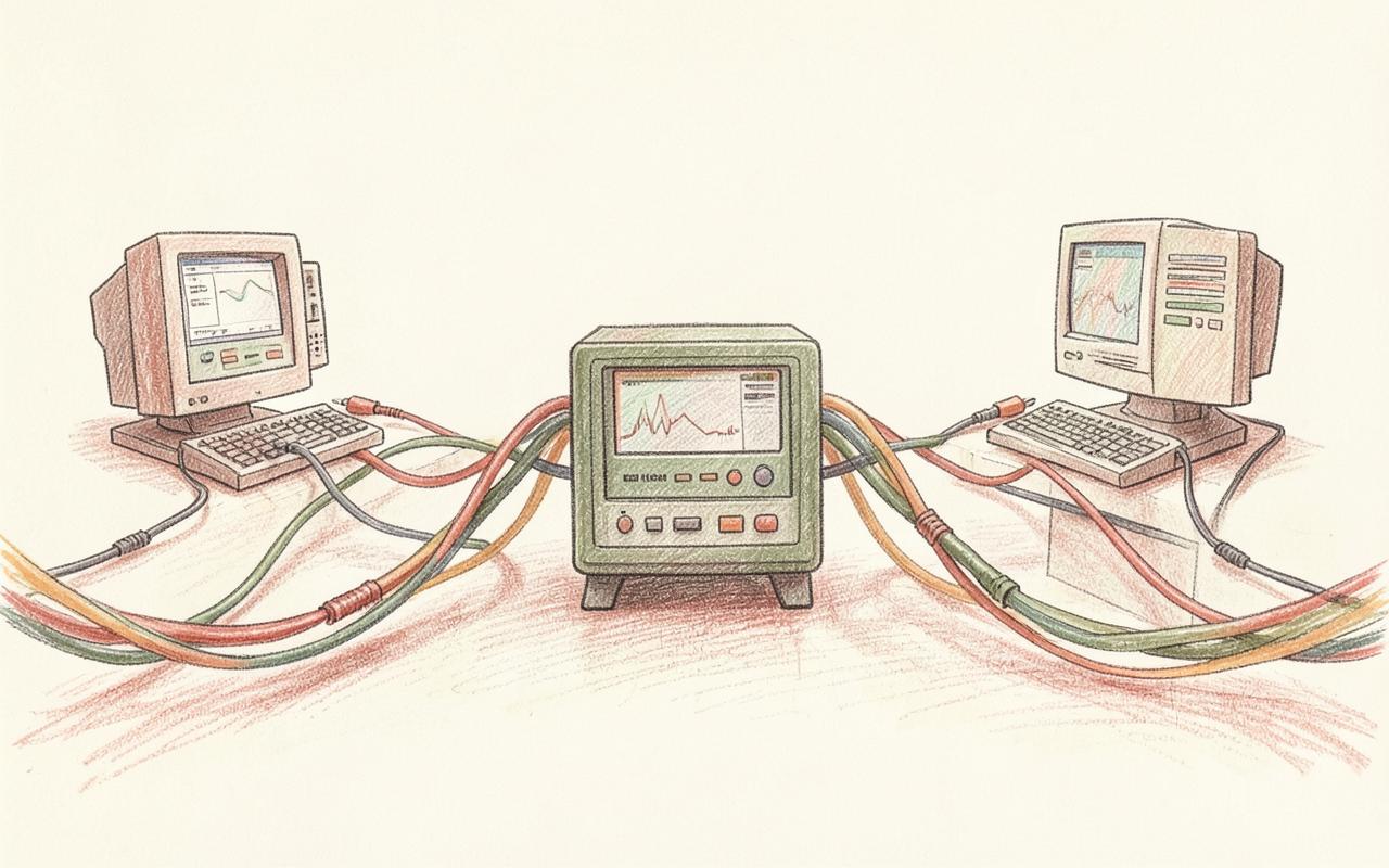 Pencil-sketch illustration of two hospital computer systems linked by an integration engine and flowing data cables.