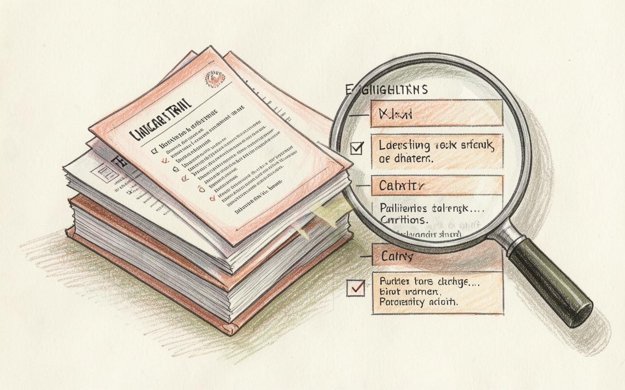 Pencil-sketch illustration of trial protocol documents with a magnifying glass over a structured eligibility checklist.