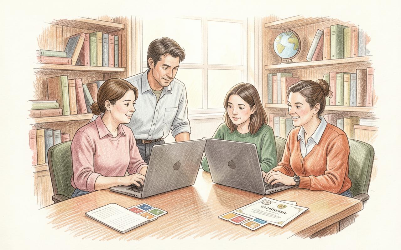 Pencil-sketch illustration of a mentor guiding learners at laptops in a study room with bookshelves.
