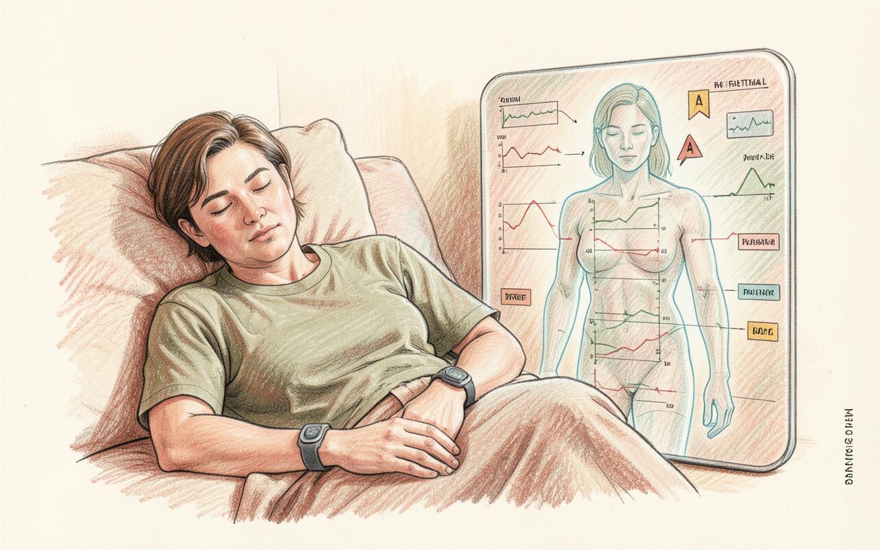 Pencil-sketch illustration of a resting patient with a wearable sensor beside a digital-twin vital-signs display.