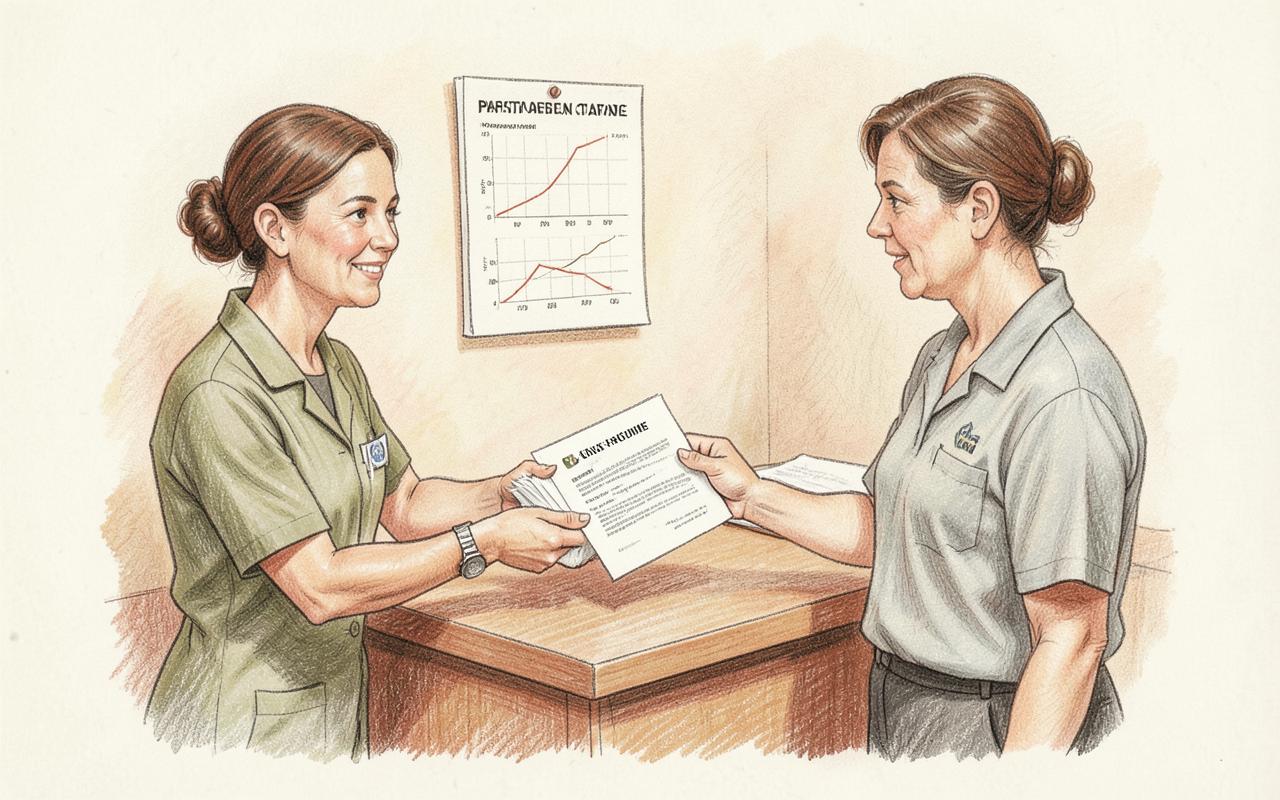 Pencil-sketch illustration of a nurse handing a referral bundle to a care-home worker beneath a wound-progress chart.